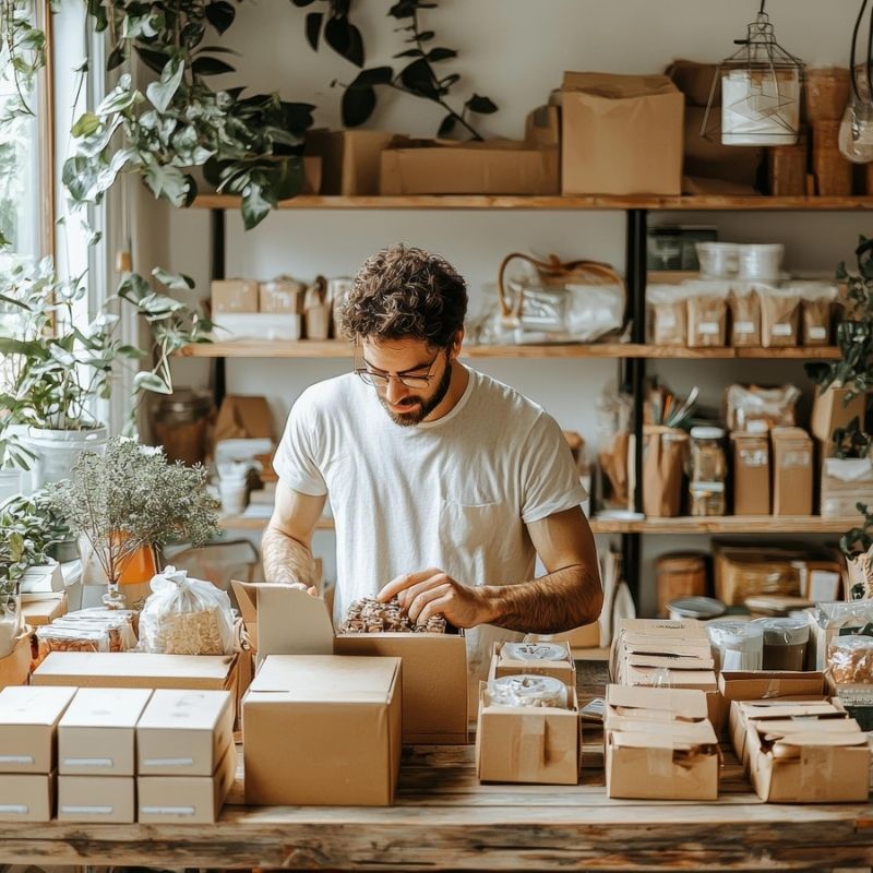 Equipo gestionando pedidos en ecommerce con laptop y productos en almacén