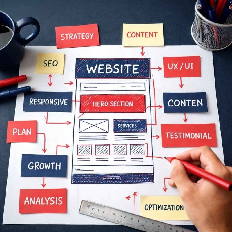 Boceto de estrategia de diseño web con estructura, SEO y planificación digital