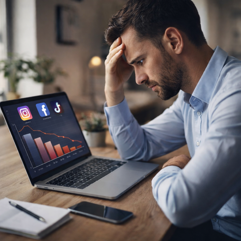 Emprendedor preocupado revisando estadísticas de redes sociales en laptop con bajo alcance