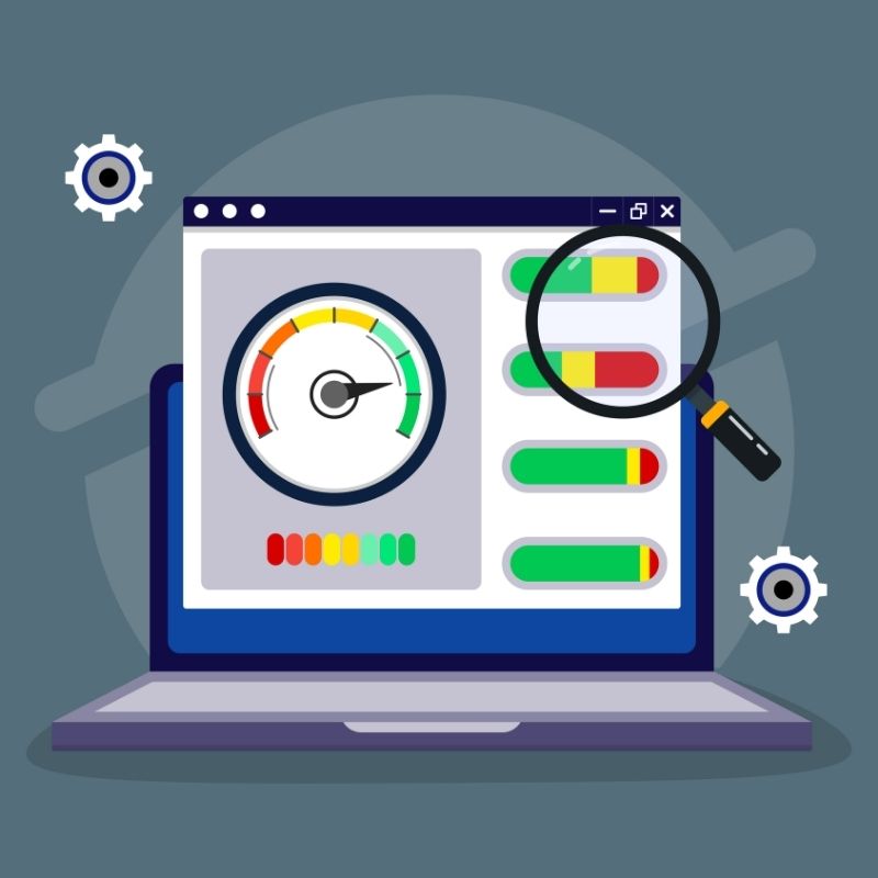 Optimización de velocidad web en laptop mostrando mejora de rendimiento y carga de página