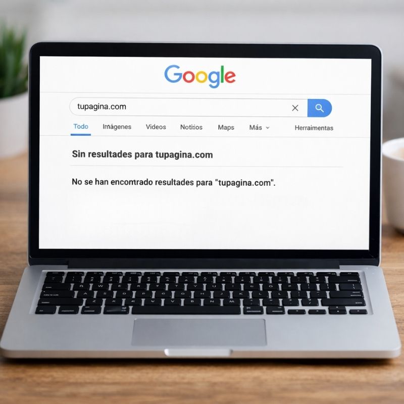 Búsqueda en Google sin resultados visibles para una página web por falta de posicionamiento SEO