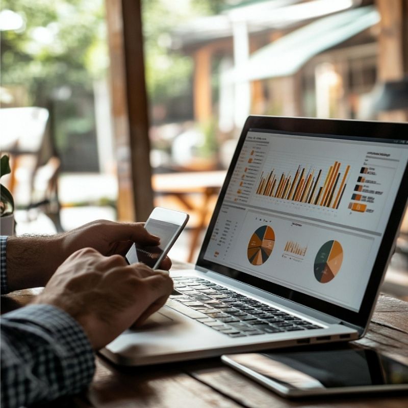 Panel de analítica de tienda online con métricas de ventas en laptop