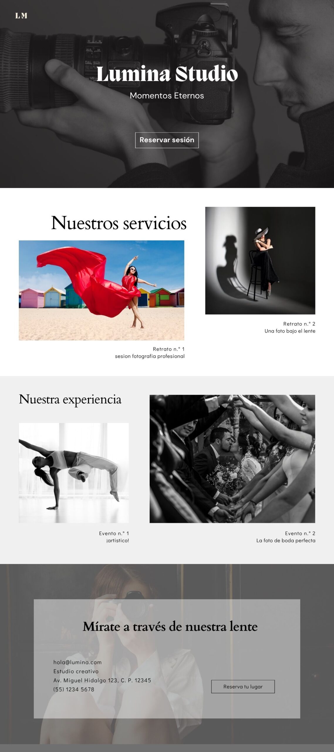 Diseño web profesional para estudio fotográfico con portafolio visual y presentación de servicios.